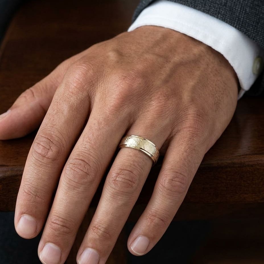 6.5mm Round Edge Swirl Finish Carved Wedding Band in 18K Yellow Gold, worn on hand, masculine close-up