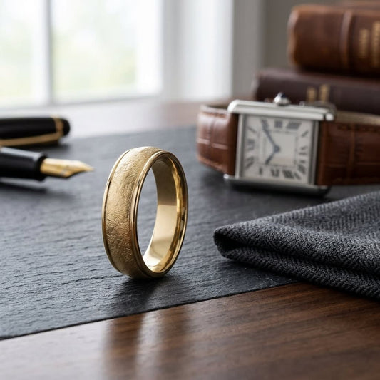 6.5mm Round Edge Swirl Finish Carved Wedding Band in 18K Yellow Gold, on walnut surface with pocket square
