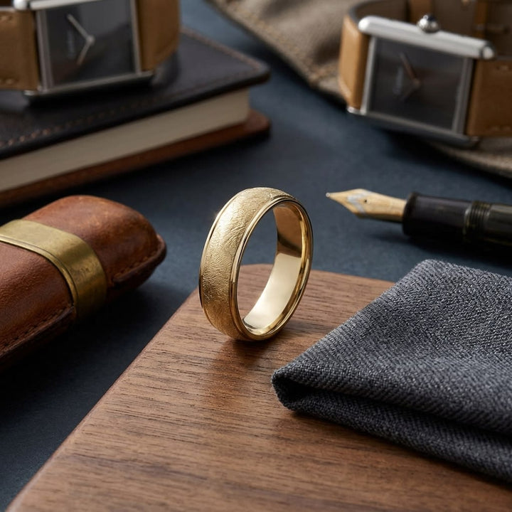 7mm Comfort-Fit Wedding Band in 18K Yellow Gold, on walnut surface with pocket square