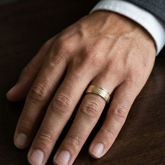 7.5mm Round Edge Mesh Center Carved Wedding Band in 18K Yellow Gold, worn on hand, masculine close-up