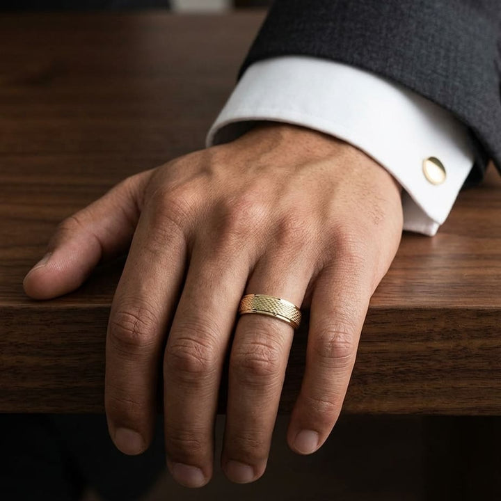 7.5mm Round Edge Mesh Center Carved Wedding Band in 18K Yellow Gold, worn on hand, masculine full view