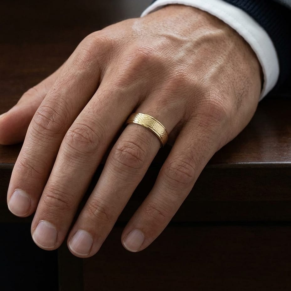 4.5mm Round Edge Mesh Center Carved Wedding Band in 18K Yellow Gold, worn on hand, masculine close-up