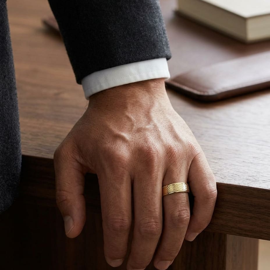 4.5mm Round Edge Mesh Center Carved Wedding Band in 18K Yellow Gold, worn on hand, masculine full view