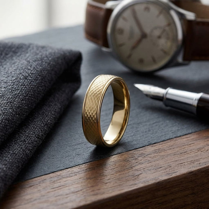 4.5mm Round Edge Mesh Center Carved Wedding Band in 18K Yellow Gold, on walnut surface with pocket square