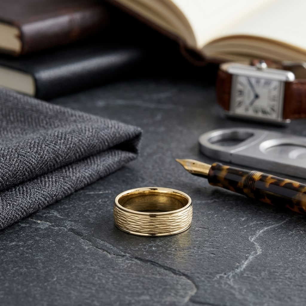 7.5mm Comfort-Fit Wedding Band in 18K Yellow Gold, on walnut surface with pocket square