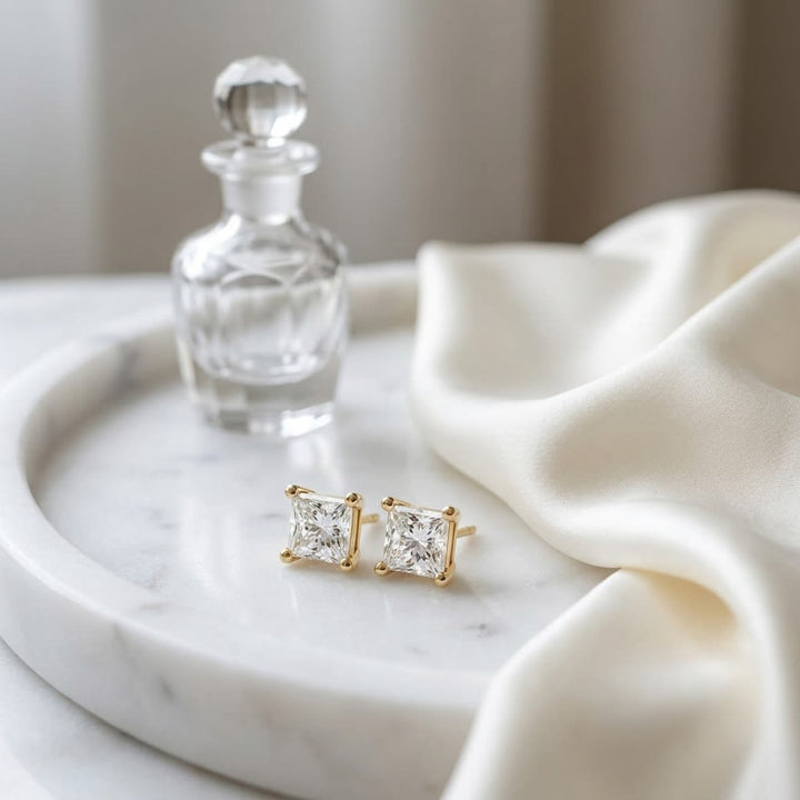18K Yellow Gold 4-prong Princess Natural Diamond Stud Earrings (0.52 Ct. T.w., Vs1-vs2 Clarity, F-g Color) | RockHer