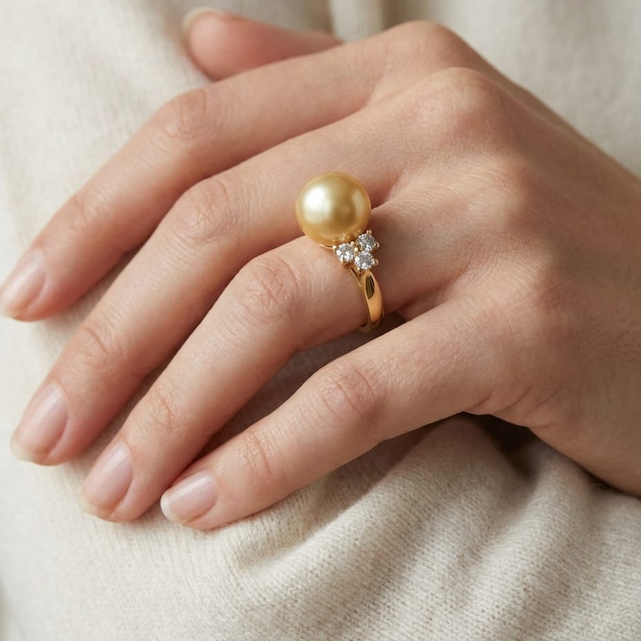 Golden Pearl and Diamond Ring In 18k Yellow Gold 0.35ctw, worn on hand, close-up