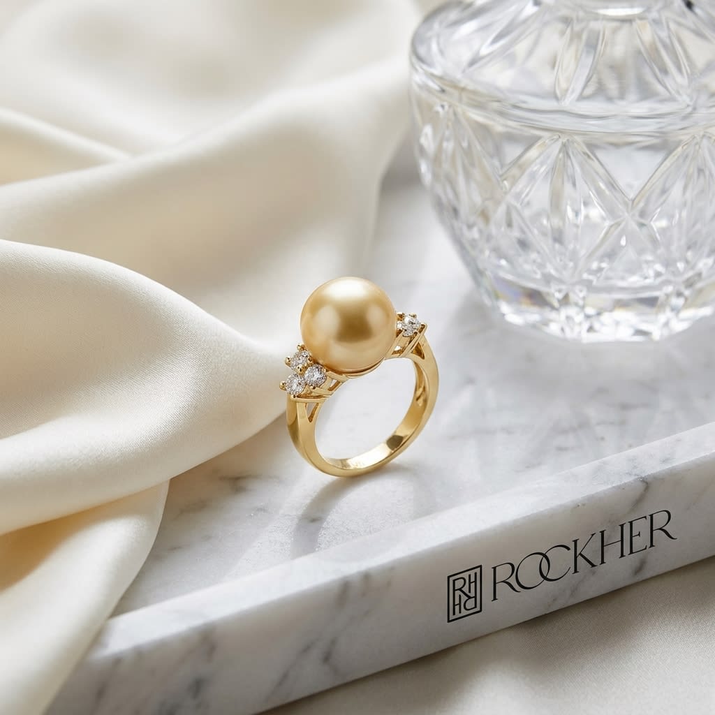 Golden Pearl and Diamond Ring In 18k Yellow Gold 0.35ctw, on marble vanity tray with silk