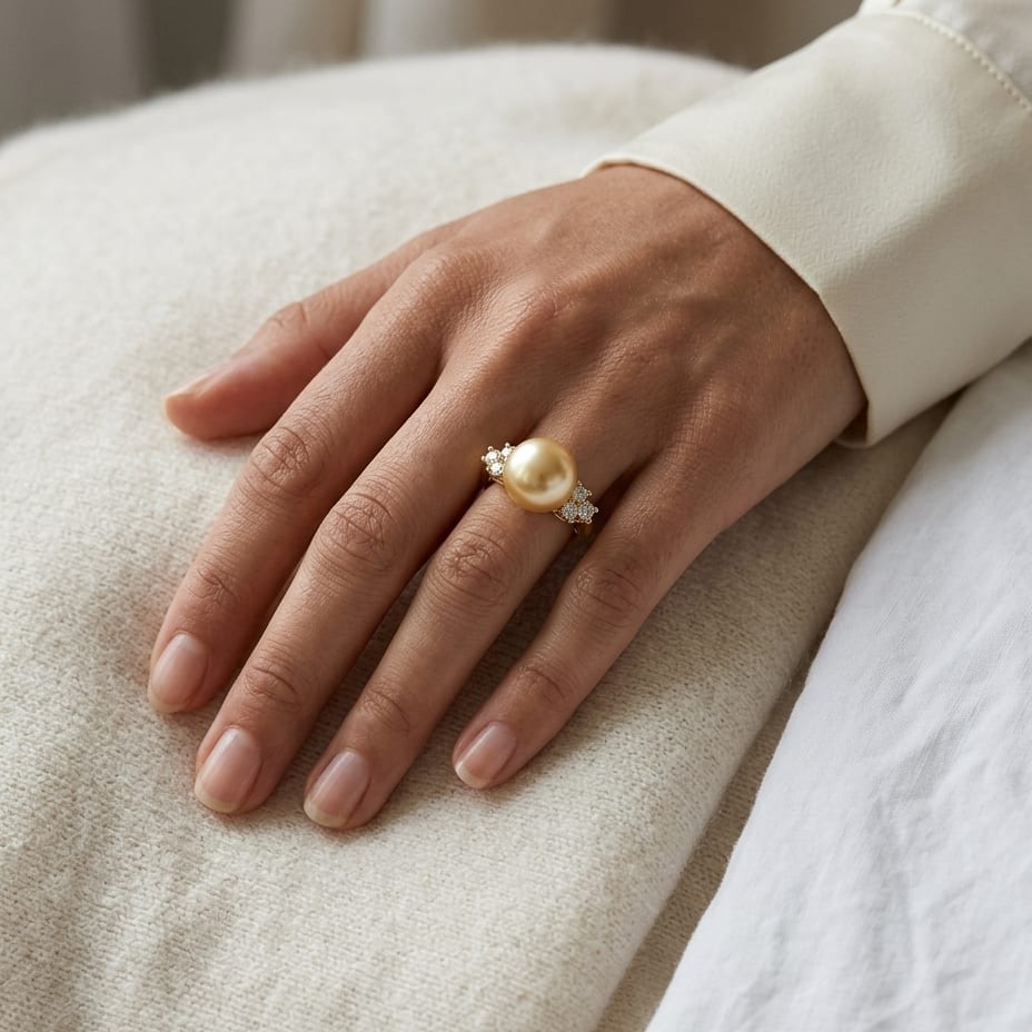 Golden Pearl and Diamond Ring In 18k Yellow Gold 0.35ctw, worn close-up portrait