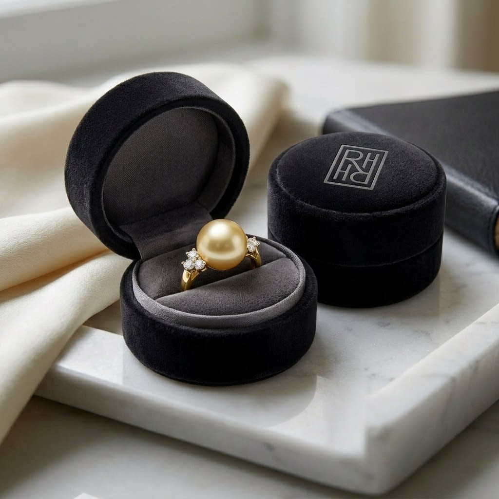 Golden Pearl and Diamond Ring In 18k Yellow Gold 0.35ctw, in navy velvet jewelry box