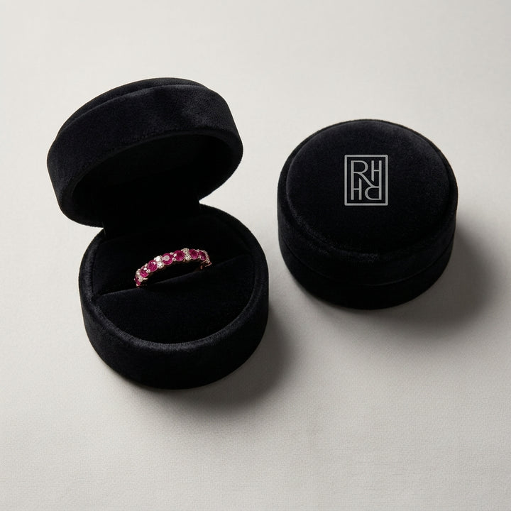 Ruby & Diamond Single Row Prong-Set Band in 14K Rose Gold - presentation