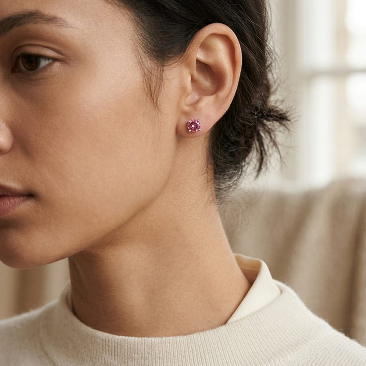 Pink Tourmaline Round 4-Prong Stud Earrings with Screwbacks 6mm in 14K Rose Gold - editorial