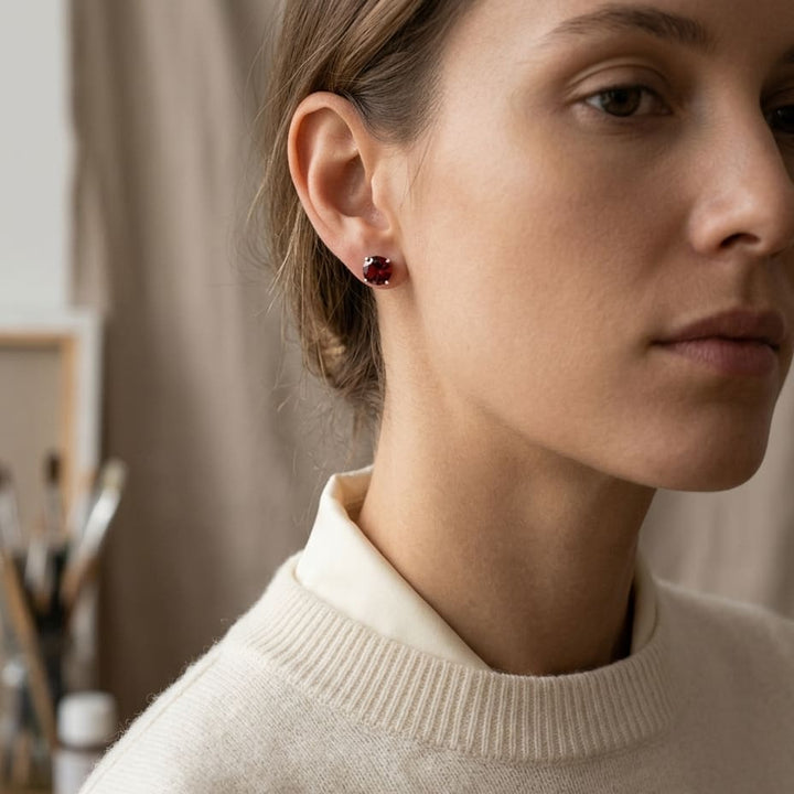 Rhodolite Garnet Round 4-Prong Stud Earrings with Screwbacks 6mm in 14K Rose Gold - editorial