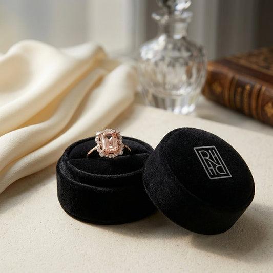 Emerald Cut Morganite Scalloped Framed Ring 1/7ctw in 14K Rose Gold - RockHer presentation