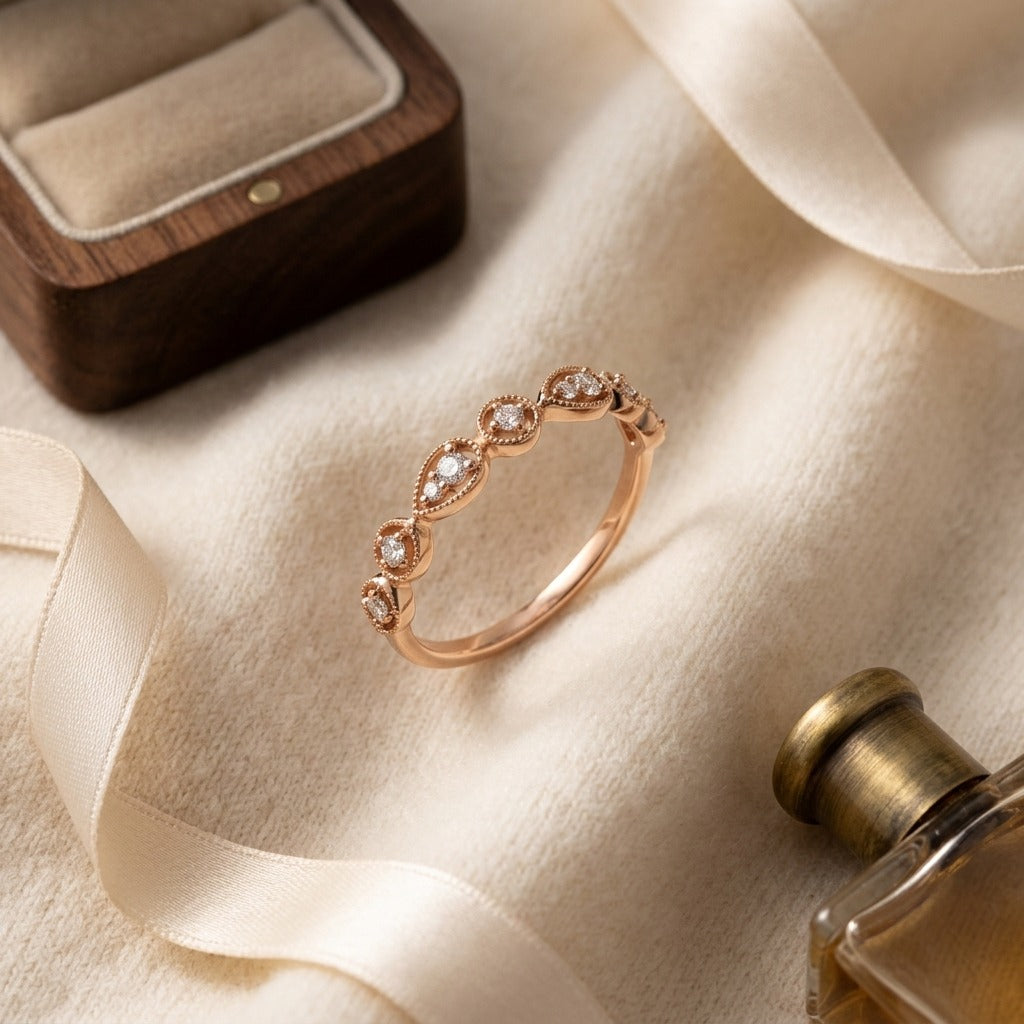 Diamond 1/10ctw Stackable Ring Set in 14K Rose Gold - flat lay