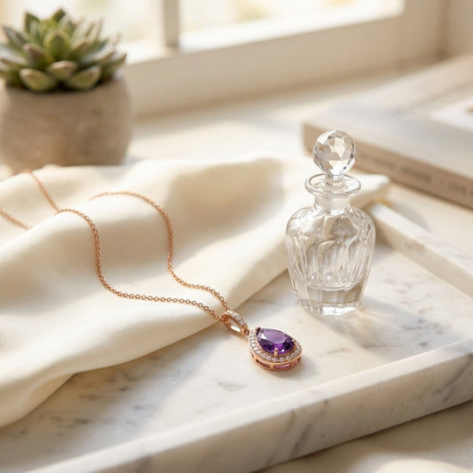 Amethyst & Diamond Pendant in 14K Rose Gold - editorial
