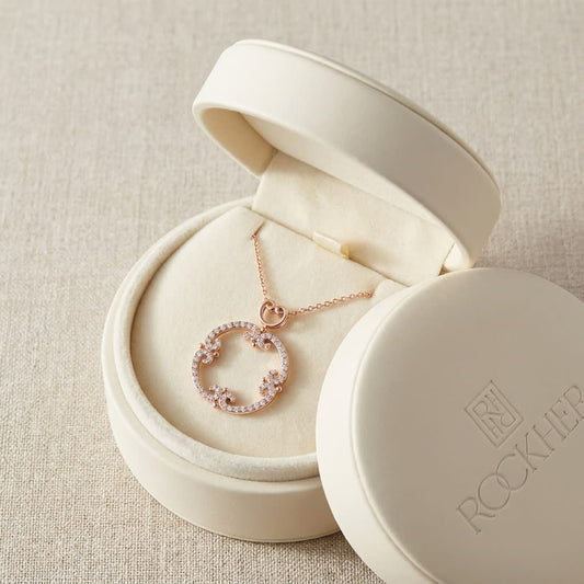 Natural Diamond Round Brilliant Pendant in 14K Rose Gold, in navy velvet jewelry box
