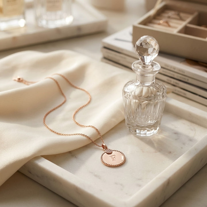 14K Gold Diamond Accent Initial Disc Pendant in 14K Rose Gold - lifestyle