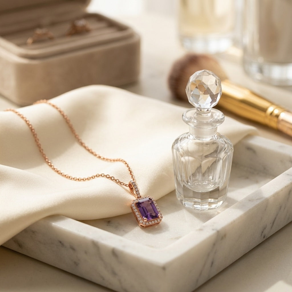 Amethyst & Diamond Emerald-Cut Halo Pendant in 14K Rose Gold - editorial