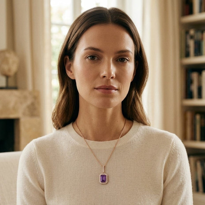 Amethyst & Diamond Emerald-Cut Halo Pendant in 14K Rose Gold - lifestyle