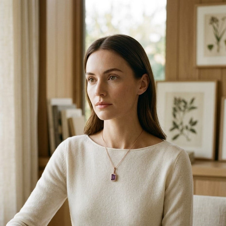 Amethyst & Diamond Emerald-Cut Halo Pendant in 14K Rose Gold - on model