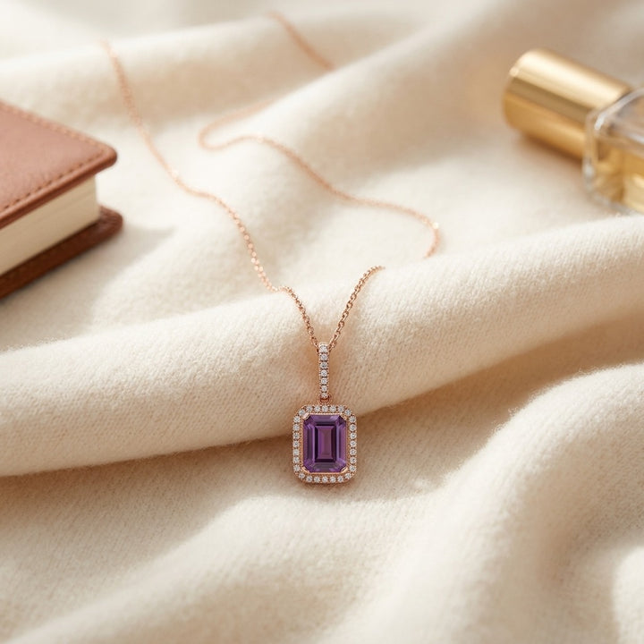 Amethyst & Diamond Emerald-Cut Halo Pendant in 14K Rose Gold - flat lay