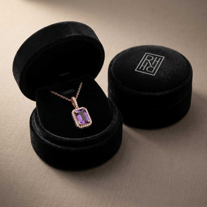 Amethyst & Diamond Emerald-Cut Halo Pendant in 14K Rose Gold - presentation