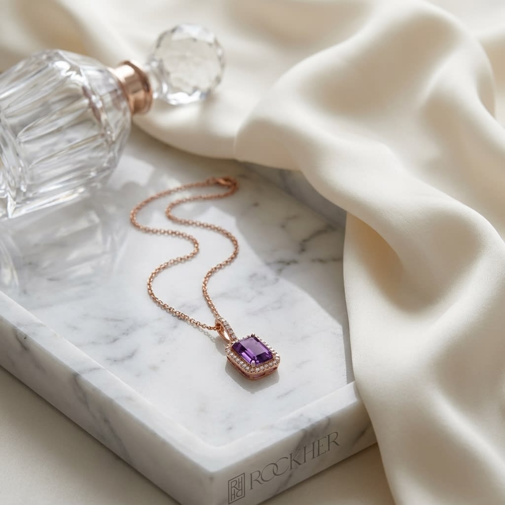 Amethyst Halo Pendant in 14K Rose Gold, on marble vanity tray with silk
