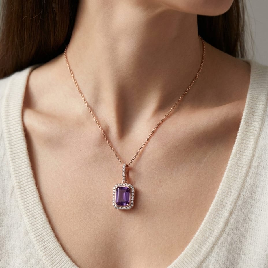 Amethyst Halo Pendant in 14K Rose Gold, worn close-up portrait