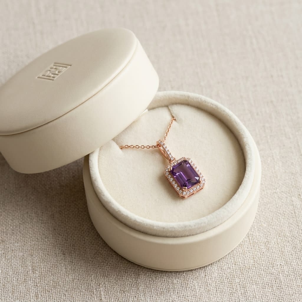Amethyst Halo Pendant in 14K Rose Gold, in navy velvet jewelry box