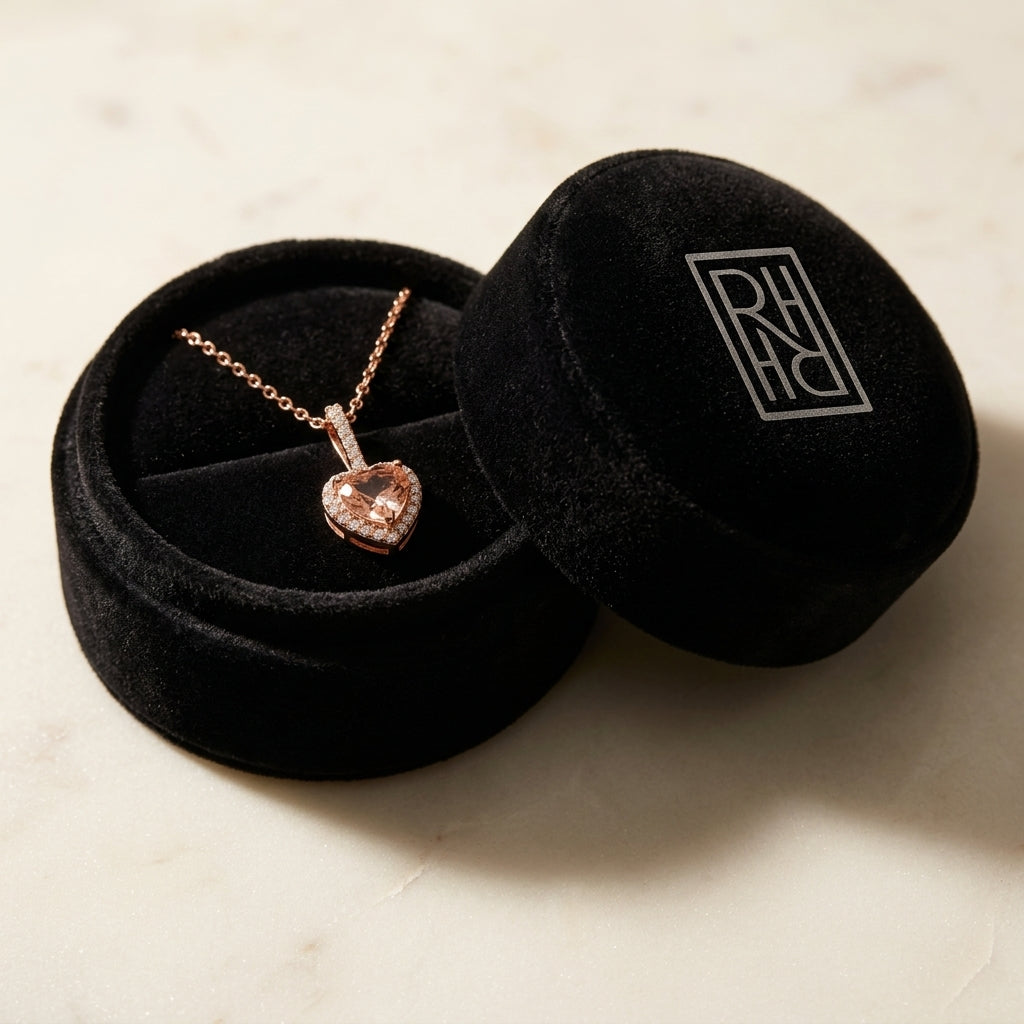 Morganite & Diamond Halo Heart Pendant 1/4ctw in 14K Rose Gold - presentation