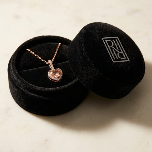Morganite and Diamond Halo Heart Pendant in 14k Rose Gold 0.24ctw, in navy velvet jewelry box