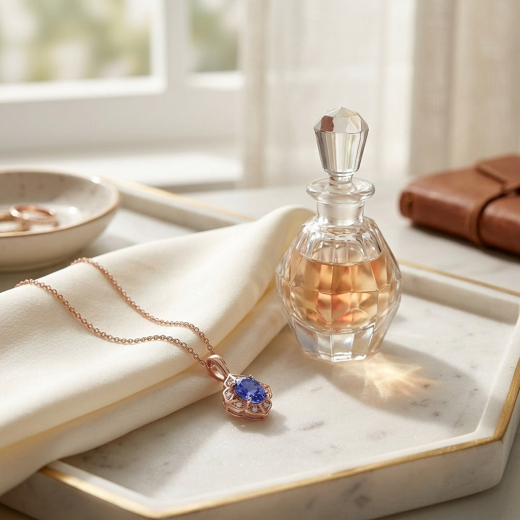 Oval Tanzanite, & Diamond Pendant in 14K Rose Gold - lifestyle