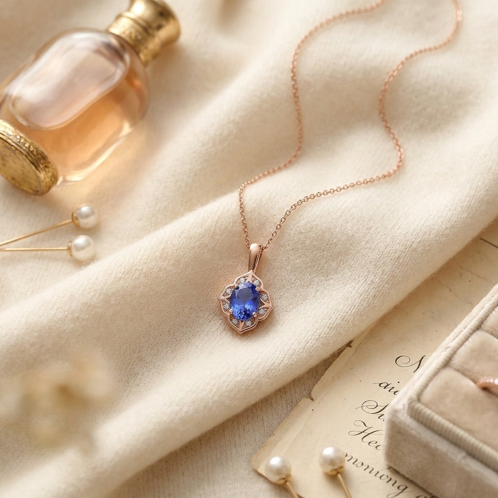 Oval Tanzanite, & Diamond Pendant in 14K Rose Gold - flat lay