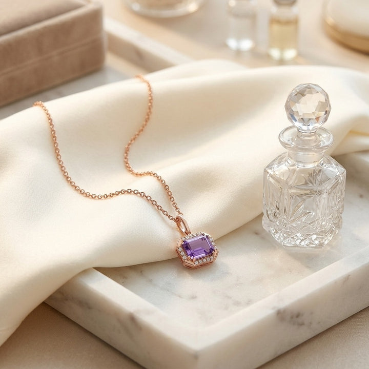 Amethyst Octagon East-West Pendant with Pave & High Polish Frame in 14K Rose Gold - lifestyle