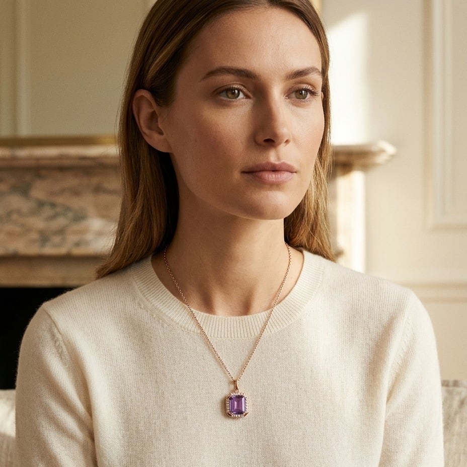 Amethyst Octagon East-West Pendant with Pave & High Polish Frame in 14K Rose Gold - editorial