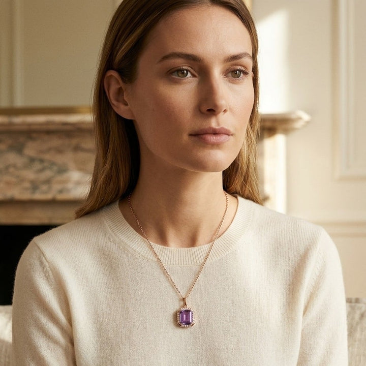 Amethyst Octagon East-West Pendant with Pave & High Polish Frame in 14K Rose Gold - editorial