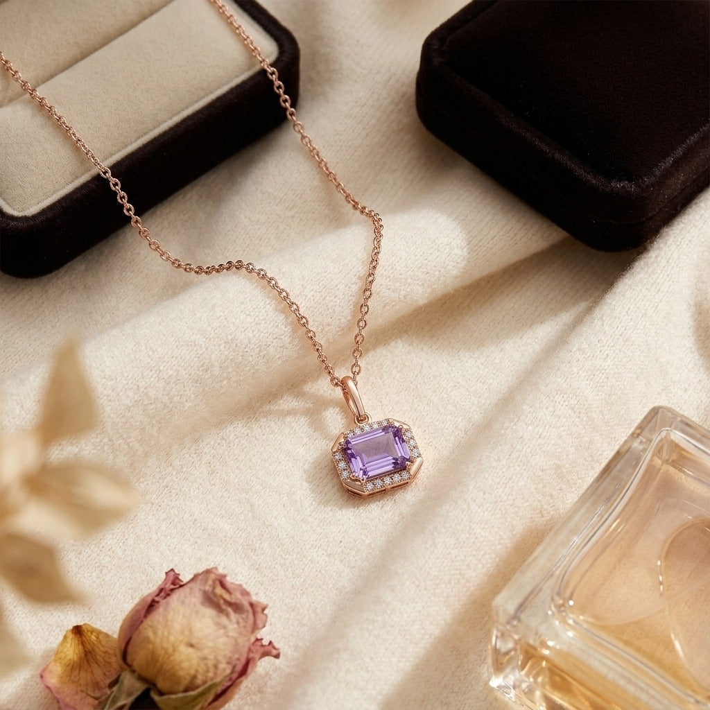 Amethyst Octagon East-West Pendant with Pave & High Polish Frame in 14K Rose Gold - flat lay