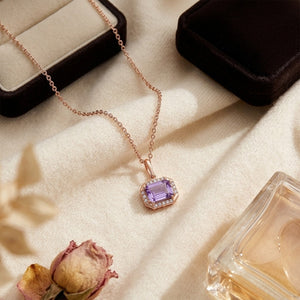 Amethyst Octagon East-West Pendant with Pave & High Polish Frame in 14K Rose Gold - flat lay