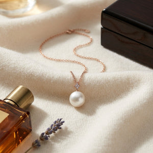 Freshwater Pearl & Diamond Pendant with Pave Bail 16-18 Inch Chain in 14K Rose Gold - flat lay