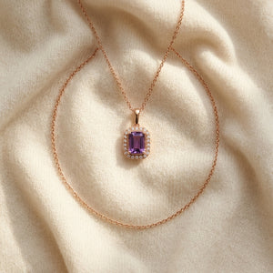 Amethyst & Diamond Bezel Pendant with Micro-Prong Frame & High Polish Tapered Bail in 14K Rose Gold - flat lay