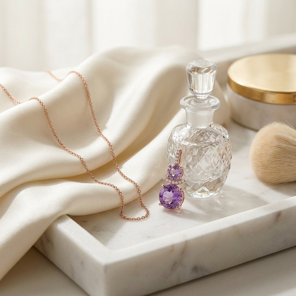 Amethyst & Diamond Round Stacked Duo Pendant in 14K Rose Gold - editorial