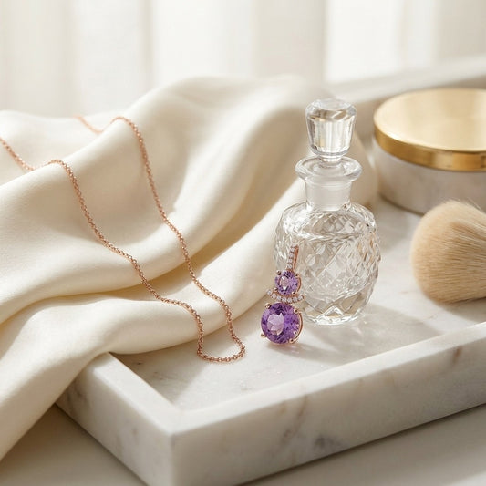 Amethyst & Diamond Round Stacked Duo Pendant in 14K Rose Gold - editorial