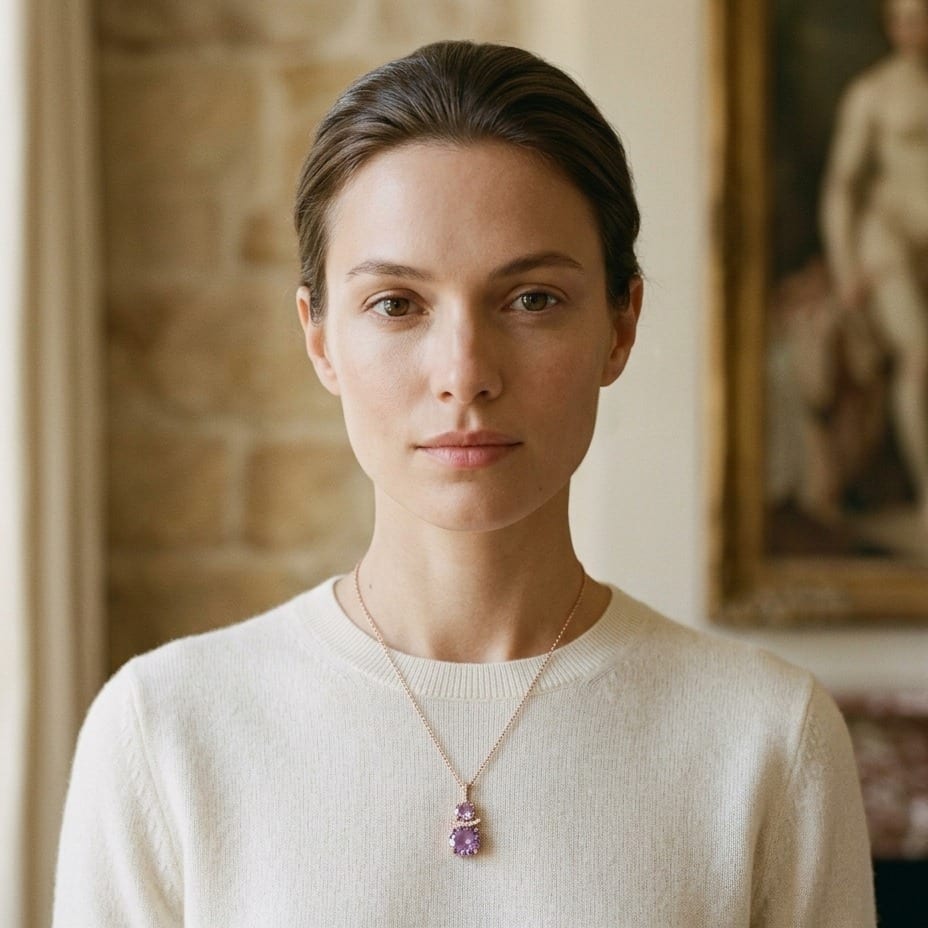 Amethyst & Diamond Round Stacked Duo Pendant in 14K Rose Gold - lifestyle