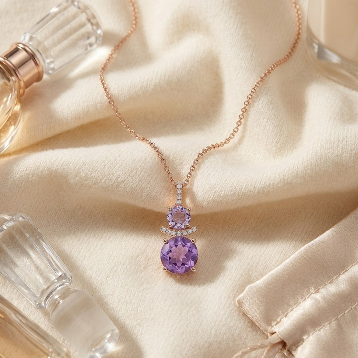 Amethyst & Diamond Round Stacked Duo Pendant in 14K Rose Gold - flat lay