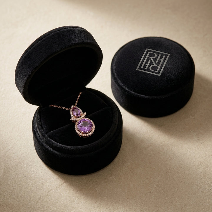 Amethyst & Diamond Round Stacked Duo Pendant in 14K Rose Gold - presentation