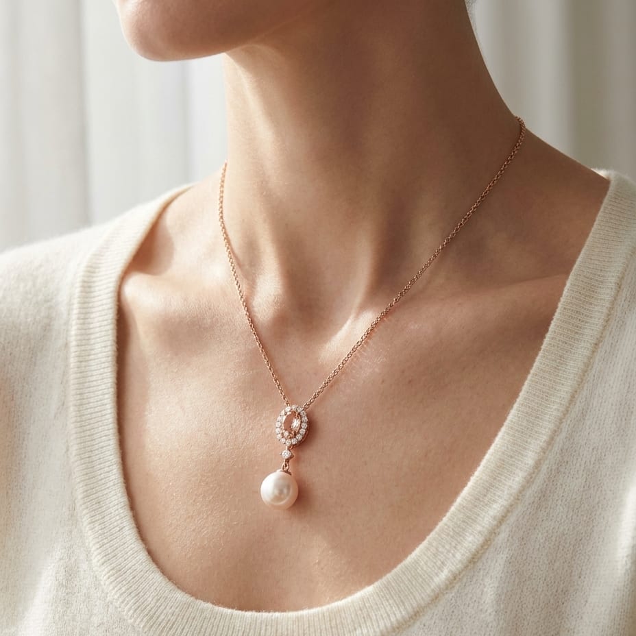 Morganite Pear Shape Pendant in 14K Rose Gold, worn close-up portrait