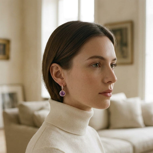 Amethyst & Diamond Round Halo Antique Finish Dangle Earrings in 14K Rose Gold - editorial