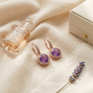 Amethyst & Diamond Round Halo Antique Finish Dangle Earrings in 14K Rose Gold - flat lay