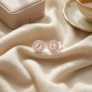 Morganite Round 4 Prong Stud Earrings in 14K Rose Gold - flat lay